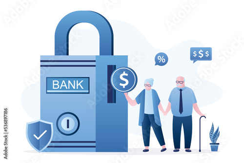 Couple of old people put coins in bank, deposit account, pension fund. Secure Retirement savings. Money management, passive income, profitable bank deposit for grandparents.