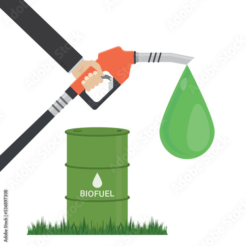 Biofuel barrel standing on grass. Fuel pump in hand man. Ecological petrol station. Biodiesel pump with drop. Eco products and fuels. Eco petroleum in tank. Green campaign,