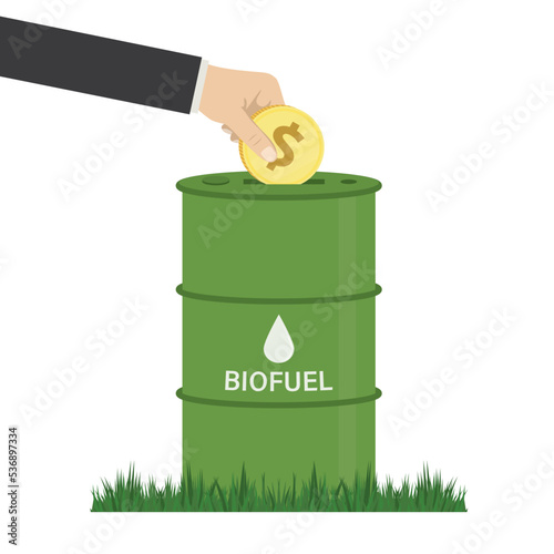 Biofuel barrel standing on grass. Businessman investing money in ecological petrol. Biodiesel container. Eco products, fuels. Green campaign, alternative energetic development.