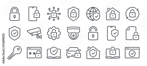 Fotografiet Safety, protection and security concept editable stroke outline icons set isolated on white background flat vector illustration