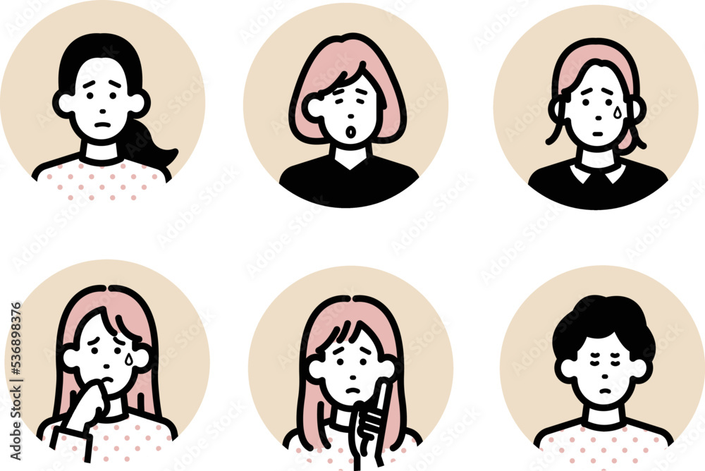 ネガティブな表情の女性のアイコンイラストセット