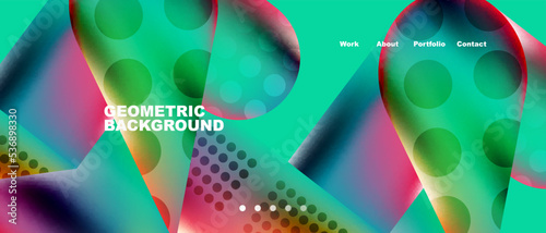 Glassmorphism landing page background template. Colorful glass shapes with metallic effect abstract composition for wallpaper, banner, background