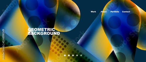 Glassmorphism landing page background template. Colorful glass shapes with metallic effect abstract composition for wallpaper, banner, background
