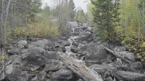 Taggart Creek, Tumbling River Cascades and Grand Teton Peaks above the Trees in Slow Motion photo