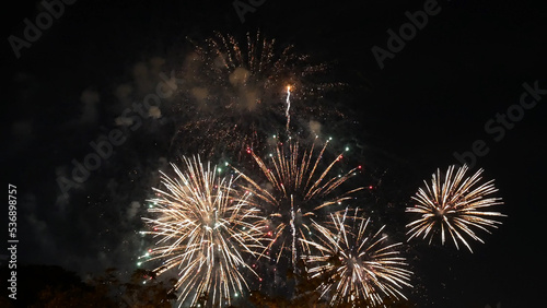 Golden Firework celebrate anniversary independence day night time celebrate national holiday. Countdown to new year 2023 party time event. Happy new year 2023  4th of july holiday festival concept