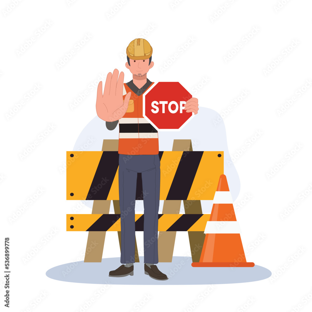 male engineer is holding STOP sign for warning under construction area, No entrance. vector cartoon illustration.