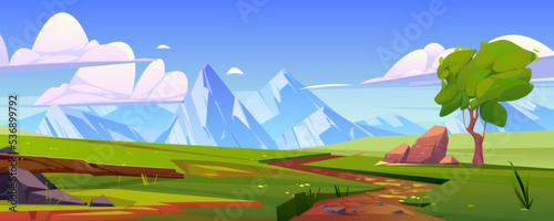 Mountain valley with green fields, tree, path and rocks on horizon. Summer landscape of meadows, grassland with stones and road, vector cartoon illustration