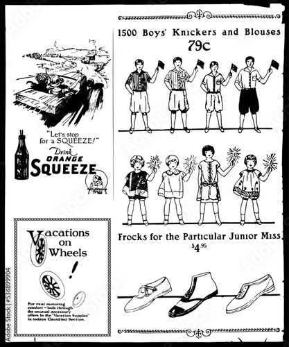 1920s newspaper, childrens shoe ad, vintage orange juice, wheel ad, drawing vector