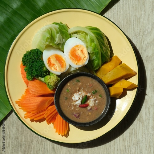 Shrimp paste dip with blanched vegetables on banana leaf,food for health