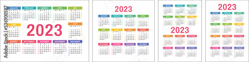 Calendar 2023 set. Color english calender template collection