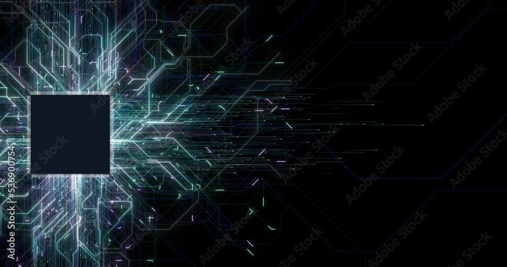 processor microchip circuit board neural network Ai technology cloud computing bits internet 5g blue background information back 