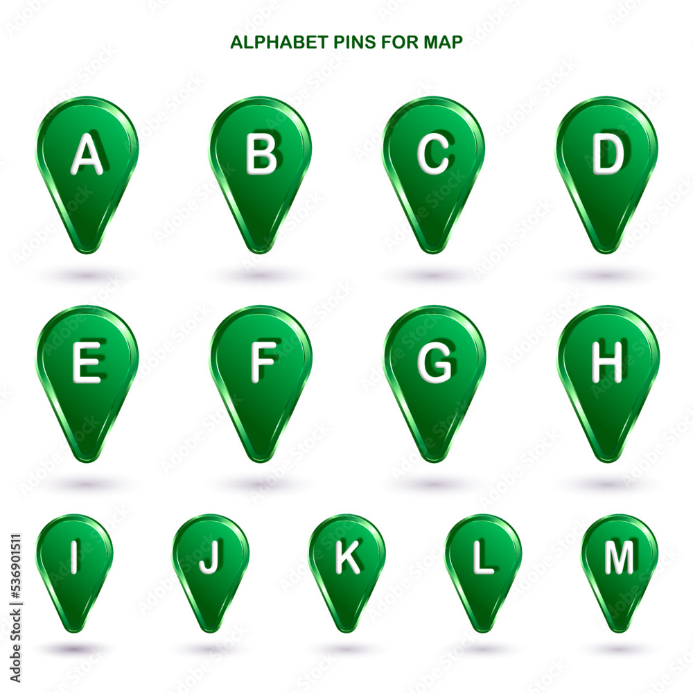 Icon set, pack 13 ALPHABET/LETTERS pins for map. Bright and sparkly green and white icons at transparent background