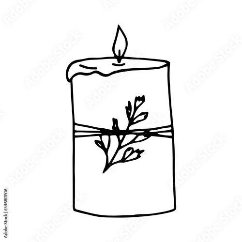 candle with ribbon and leaves hand drawn in doodle style. icon, sticker, decor element.