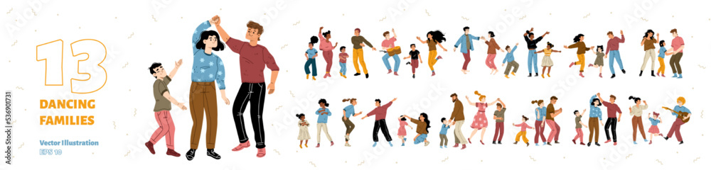 Set of dancing families rejoice, fun, home party. Happy parents and kids characters dance together. Father or mother with children playing guitar and drums, Cartoon linear flat vector illustration Set of dancing families rejoice, fun, home party. Happy parents and kids characters dance together. Father or mother with children playing guitar and drums, Cartoon linear flat vector illustration