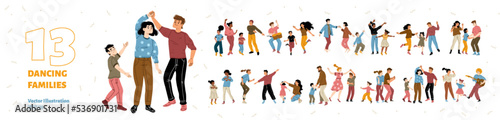 Set of dancing families rejoice, fun, home party. Happy parents and kids characters dance together. Father or mother with children playing guitar and drums, Cartoon linear flat vector illustration