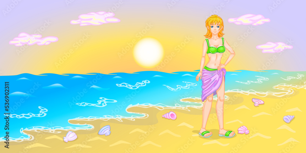 Blonde on the sandy beach. Girl on vacation near the sea or ocean. Woman in green swimsuit and flip flops against the background of a sunset or sunrise. Dawn with clouds and waves. Shells on the sand.