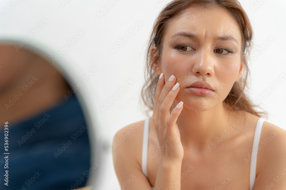 Woman worried about face Dermatology, rosacea dermatitis, allergic