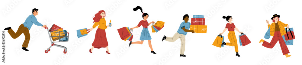 People run to sale in store, mall or market. Diverse excited men and women with shopping bags, cart and boxes rush to buy with discount, vector hand drawn illustration