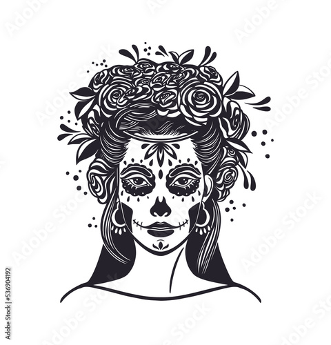 Day of the dead is a Mexican holiday. Lettering Dia de los muertos. Woman with makeup - sugar skull with rose flowers.
