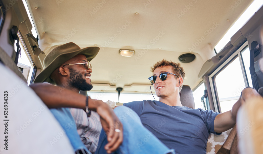 Travel, road trip and men friends in conversation while sitting in caravan on summer holiday. Happy, smile and interracial people relaxing, talking and bonding while on vacation, journey or adventure - obrazy, fototapety, plakaty 