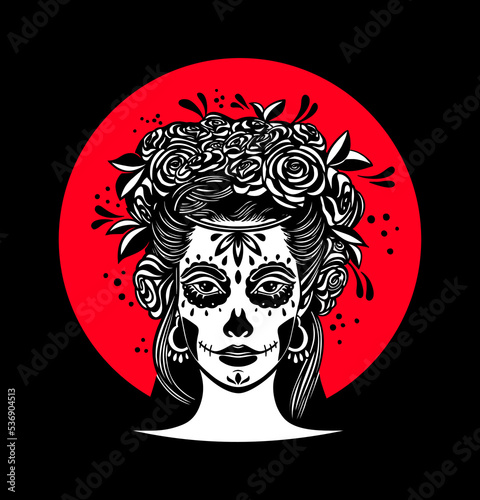 Logo in Calavera style. Dia de los muertos, Day of the dead is a Mexican holiday. Girl with flowers in her hair and Woman with make-up - sugar skull.