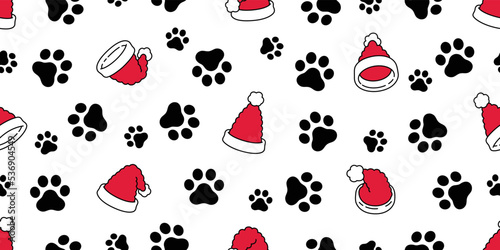 Christmas hat seamless pattern dog paw footprint vector Santa Claus cartoon tile background repeat wallpaper illustration gift wrapping paper scarf isolated design