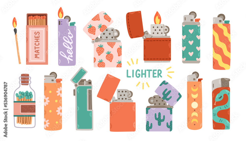 Set of various Lighters. Metal and plastic cigarette lighters with cool colorful prints. Vector illustration