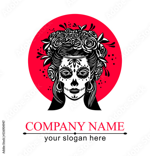 Logo in Calavera style. Dia de los muertos, Day of the dead is a Mexican holiday. Girl with flowers in her hair and Woman with make-up - sugar skull.