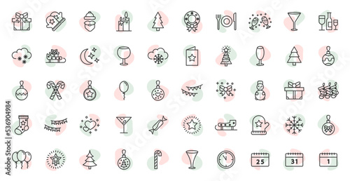 Happy New Year line icons set. Christmas decoration element. Merry Christmas flat line icons. Vector Illustration