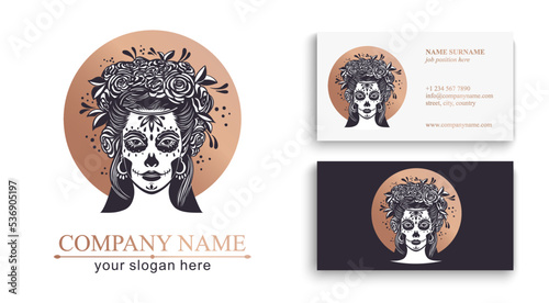 Logo in Calavera style. Dia de los muertos, Day of the dead is a Mexican holiday. Girl with flowers in her hair and Woman with make-up - sugar skull.