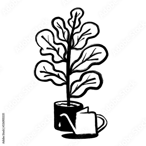 Plant and watering can hand drawn illustration in brush stroke design