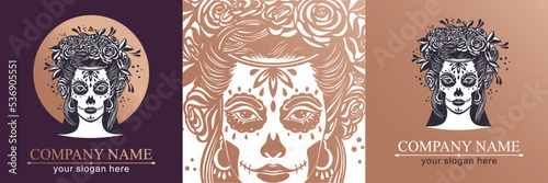 Logo in Calavera style. Dia de los muertos, Day of the dead is a Mexican holiday. Girl with flowers in her hair and Woman with make-up - sugar skull.