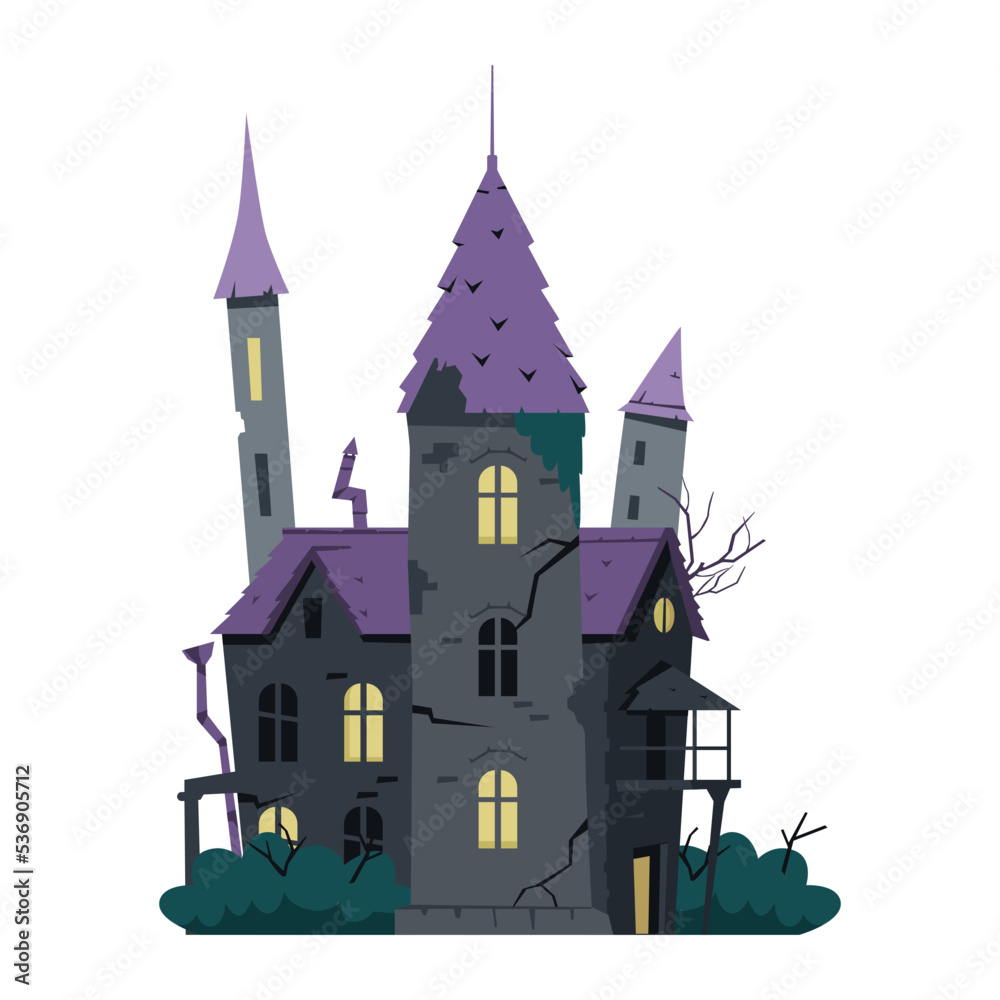 Creepy old castle d Halloween vector illustration isolated on white.