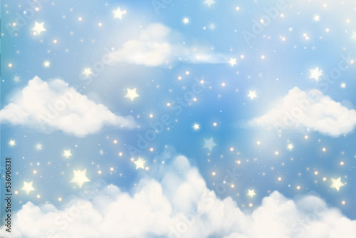 Blue cloudy sky with stars. Beautiful fluffy space. Nature environment background. Vector illustration.
