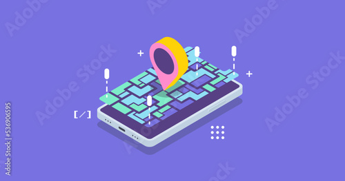 Mobile GPS navigation concept. Vector Isometric smartphone with map navigation app and geotag symbol.