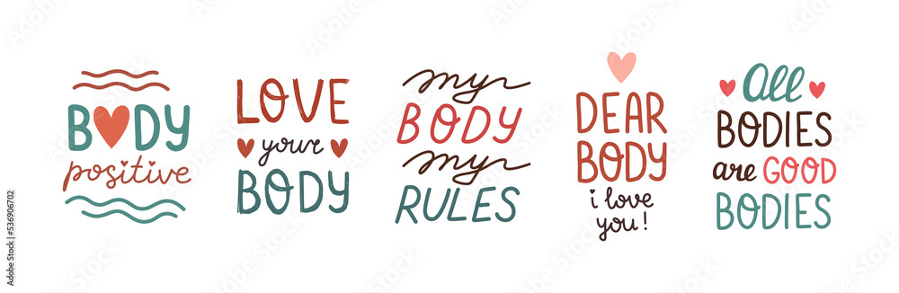 Body positive lettering. Love your body. Feminism handwritting slogan. Happy body positive quote. Vector