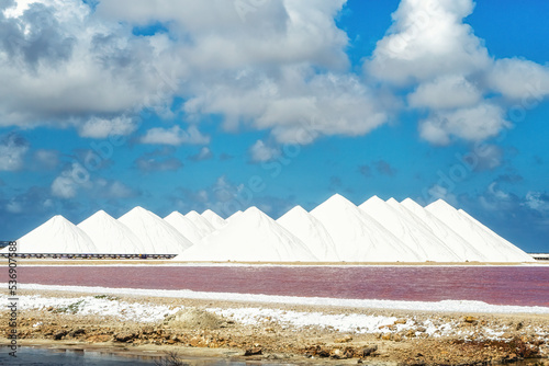 Piles of salt at the Saltpans (Zoutpannen) pink lakes of Bonaire in the Caribbean, Neteherlands Antilles photo