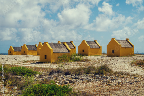 Yellow former old slave houses, Bonaire, Dutch Caribbean.