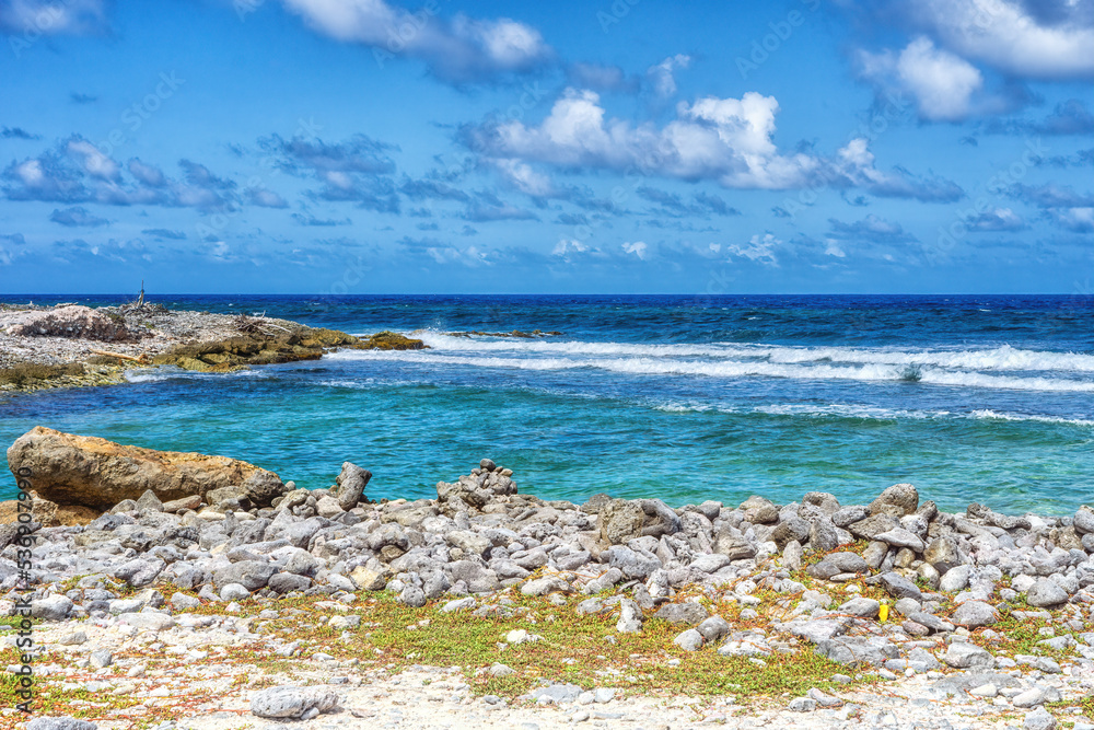 Rough shoreline of the east coast of the tropical island of Bonaire