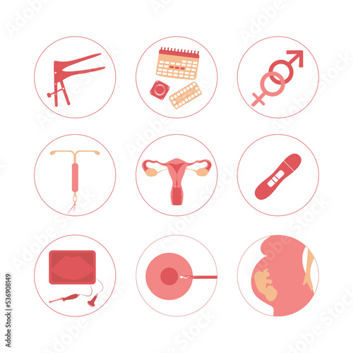 Woman fertility icon set. Obstetrics signs collection. Pregnancy insemination contraception concept