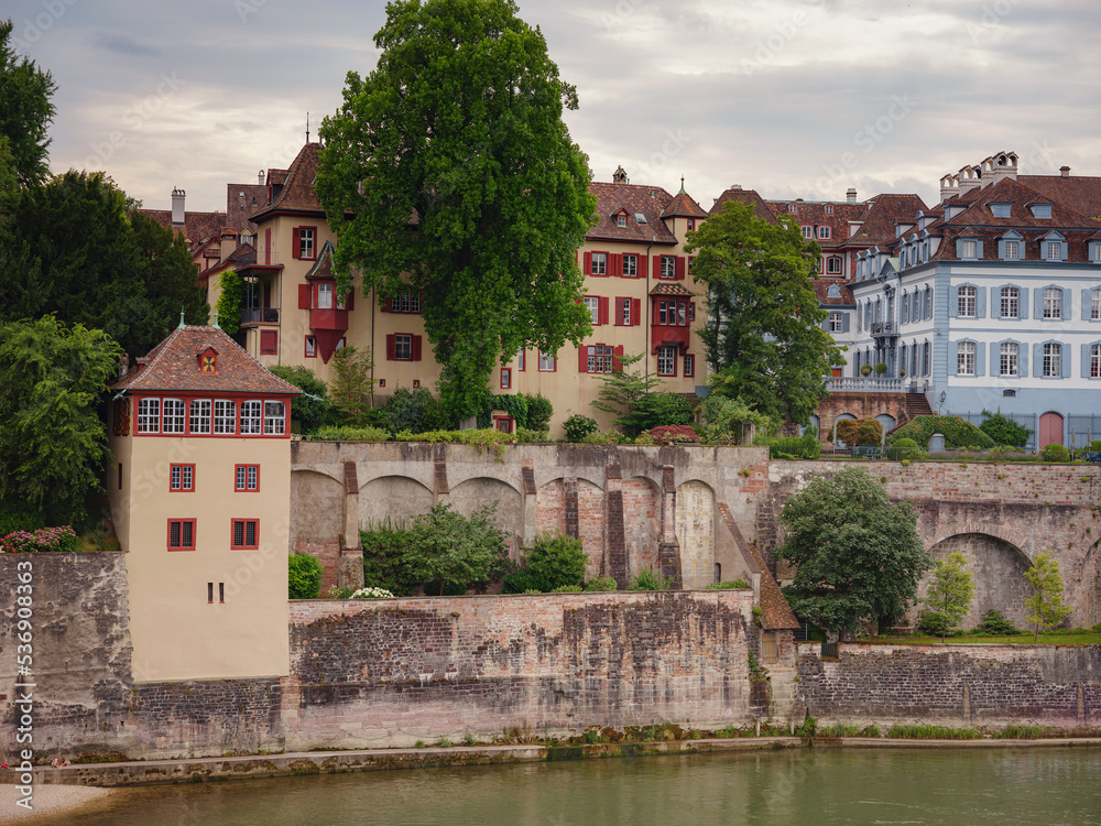 Buildings in the city centre of Basel , Switzerland. old city over Rhine river