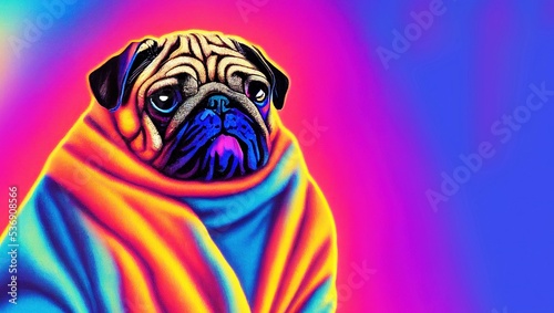 Digital colorful illustration of a cute fat pug pop art