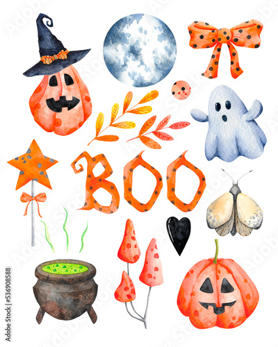 Halloween clip art set isolated on transparent background. Autumn, Fall holiday clipart collection. Watercolor Helloween illustrations, poster.