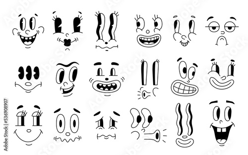 Retro 30s characters mascot, comic faces expression of the 50s, 60s. Quirky eyes and mouths cartoon animation in funny style, vintage avatars vector background