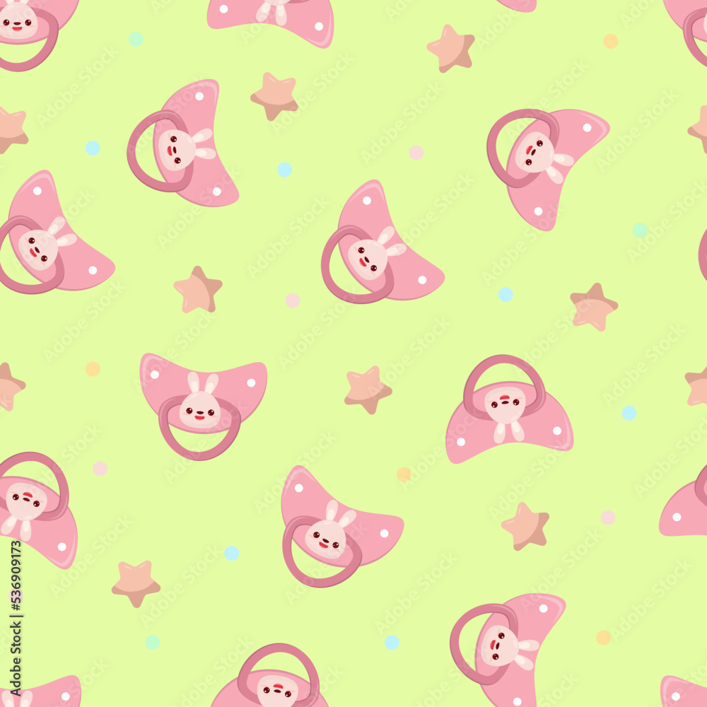 Seamless children's pattern on a green background. A dummy with a rabbit. Pacifier for children