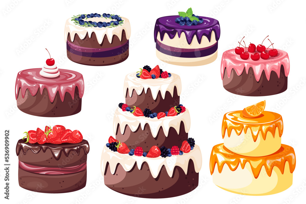 A set of cakes. Festive desserts for decorating weddings, birthdays, pastry shops. Cakes with strawberries, orange, chocolate with berries, cherries.Illustration of sweet pastries. A set of cakes. Festive desserts for decorating weddings, birthdays, pastry shops. Cakes with strawberries, orange, chocolate with berries, cherries.Illustration of sweet pastries.