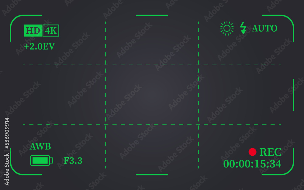 Camera viewfinder frame, video or photo focus screen. Recording or snapshot template, digital display dslr cam, capture interface for photography or videography, flat vector illustration Camera viewfinder frame, video or photo focus screen. Recording or snapshot template, digital display dslr cam, capture interface for photography or videography, flat vector illustration