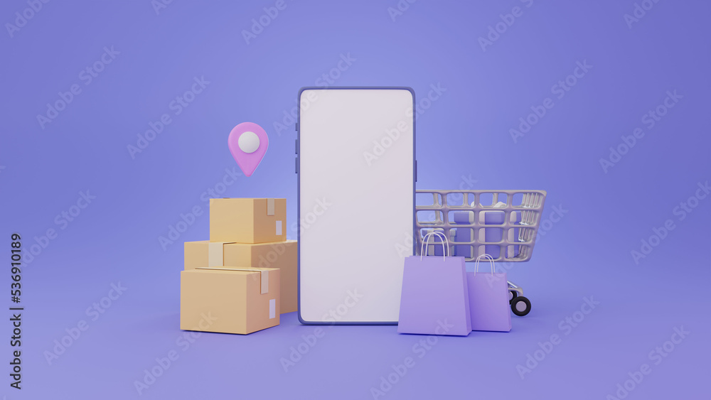 smartphone Shopping online concept. purple background minimal, discount, promotion, sale, banner, website. 3d 