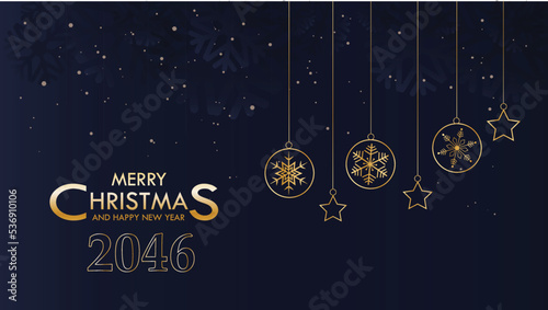 Christmas ornament golden balls and stars on blue gradient background.