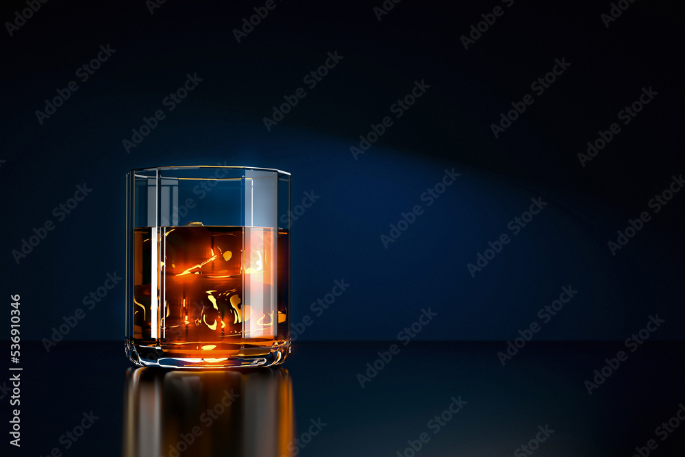 glass of cognac, rum or spice whiskey with ice on dark blue color background poster design with copy space. 3d render